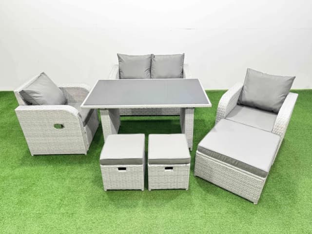 Fimous Outdoor Rattan Garden Furniture Dining Set 7-seater with 3 Stools in Light Grey Light Grey Unisex
