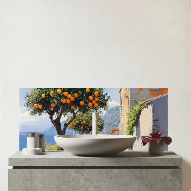 Warren Reed - Designer Oranges Growing In Sorrento Glass Bathroom Splashback Multicolor Unisex