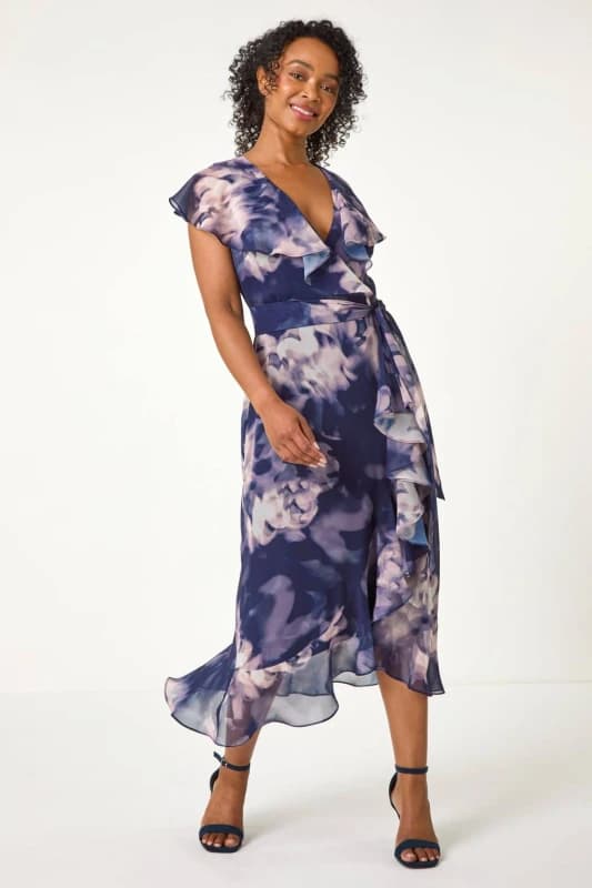 Roman Womens Petite Floral Print Frill Midi Dress in Navy Size: 12 Navy Female 12