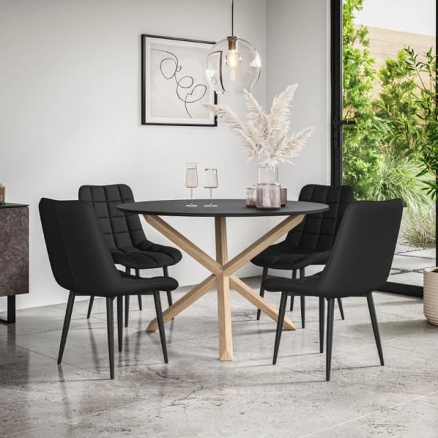 More4Homes Malvern Round Dining Table And Chairs - Black Table Top W Solid Oak Legs + Nova Faux Leather Dining Chair Set Of 4 (Black)