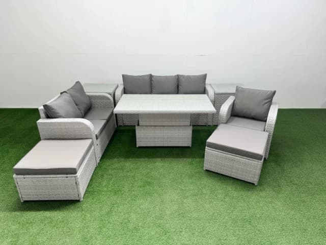 Fimous Patio PE Wicker 8 Seater Outdoor Rattan Furniture Sofa Sets with Adjustable Lifting Dining or Coffee Table2 Big Footstools 2 Side Table