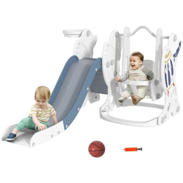 Aiyaplay Space-themed Slide And Swing Set For Kids W/ Basketball Hoop, Blue 331-038V00BU