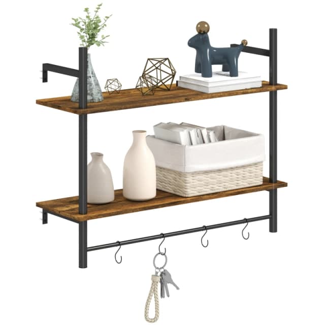 HOMCOM Wall Shelf Unit with 4 Hooks for Living Room - Entryway - Rustic Brown TJ Hughes Grey 5063603580367