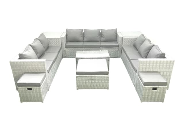 Fimous Rattan Garden Outdoor Furniture Set 12 Seater Garden Sofa Coffee Table Set with 3 Footstools 2 Side Tables Light Grey Mixed Light Grey