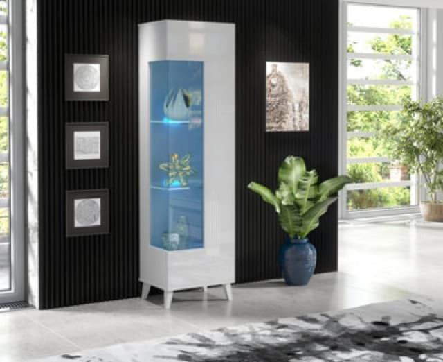 Furneo High Gloss & Matt White Display Cabinet Storage Cupboard Azzurro 12 Blue LED Lights