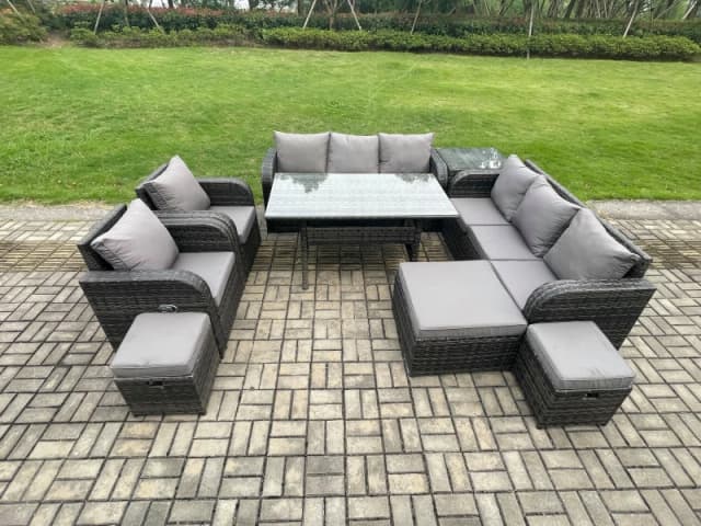 Fimous Outdoor Garden Patio Furniture Wicker Rattan Oblong Rectangular Dining Table & Lounge Sofa set with Adjustable Chair Side Table in Dark Grey Da