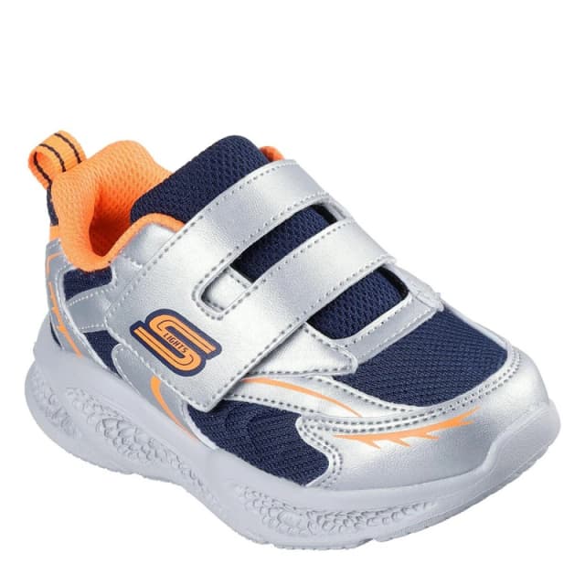 Skechers Kids Meteor Lights Leather Light Up Trainers Silver/Orange male C6 (22.5)