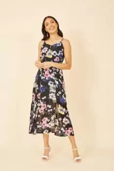 Black Floral Strappy Midi Dress With Split Hem