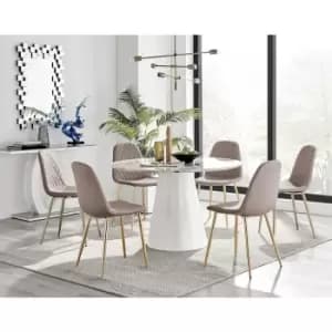 Furniturebox Palma White Marble Effect 120cm Round Minimalist Dining Table & 6 Cappuccino Corona Faux Leather Dining Chairs with Gold Legs Diamond