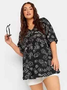 Yours Yours Flower Pleat Angel Sleeve Swing Top, Black, Size 18, Women