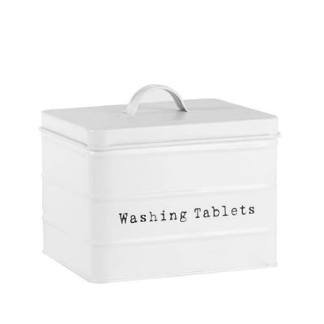 Harbour Housewares Washing Tablets Canister - White - Vintage Metal Home Kitchen Canister Tin Box Utility Laundry Storage
