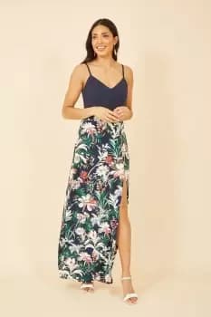 Navy Leaf Print Jersey Maxi Dress With Split Hem