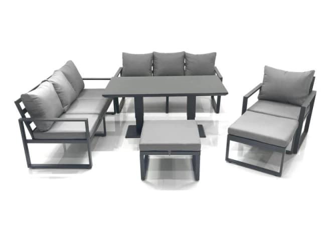 Fimous Outdoor Garden Furniture Set Aluminium Lounge Sofa Adjustable Rising Lifting Dining Table Sets with 2 Big Footstools Dark Grey Dark Grey Unisex