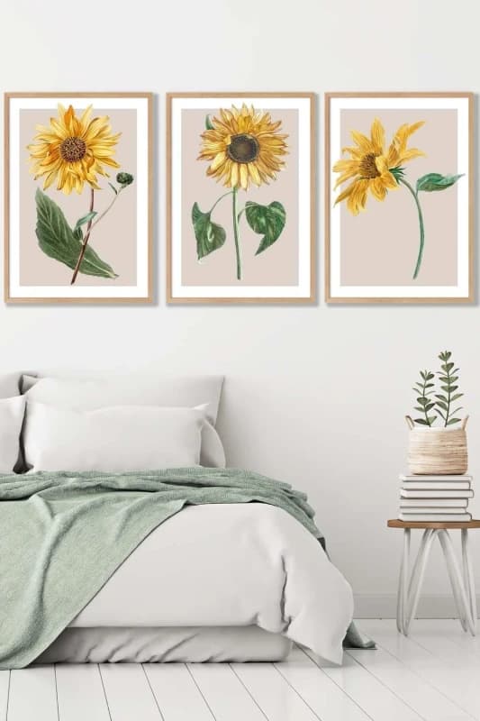 ARTZE Set of 3 Oak Framed Vintage Sunflowers on Beige Wall Art in Bright Yellow Size: W45cm x H62cm x D20mm Bright Yellow Unisex W45cm x H62cm x