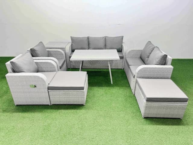 Fimous Outdoor Rectangular Table Sofa Set with Reclining Chair 2 Big Stools in Light Grey Light Grey Unisex