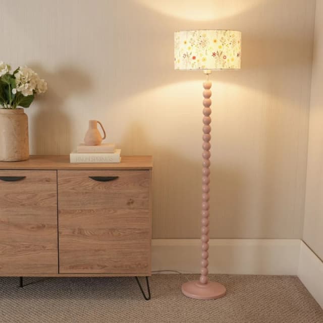 ValueLights Bobbins Painted Rose Floor Lamp with Floral Embroidered Shade and LED Bulb Pale Pink