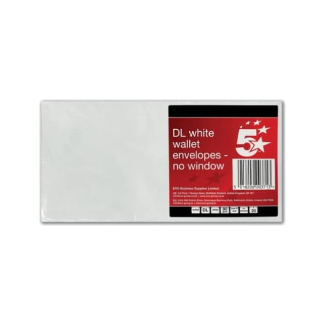 5 Star Office Envelopes Plain Wallet Self Seal 80gsm DL White (25 Pack) FS600371