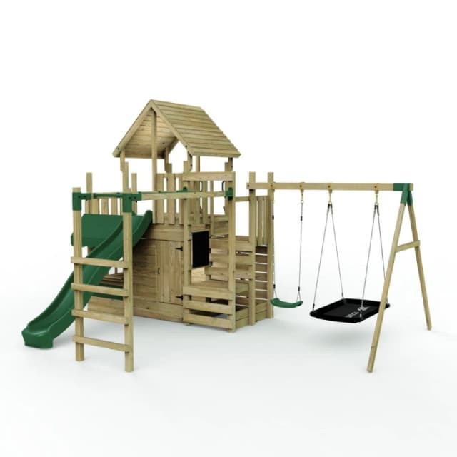 Rebo Wooden Climbing Frame with Double Swing, Monkey Bars, Secret Den and Slide Brown