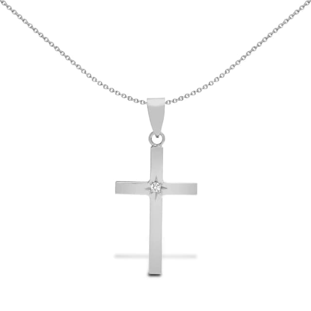 Jewelco London 18ct White Gold 0.03ct Diamond Minimalist Solitaire Cross Pendant - 18X107 Silver
