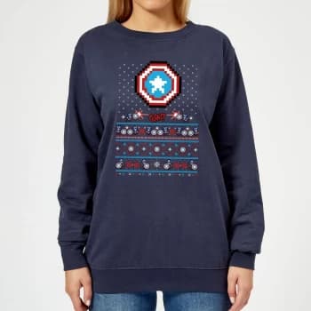 Marvel Avengers Captain America Pixel Art Womens Christmas Sweatshirt - Navy - S