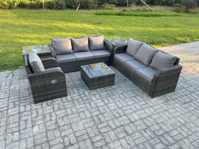 Fimous Outdoor Rattan Garden Furniture Set Conservatory Patio Sofa Coffee Table With Reclining Chair 2 Side Tables Dark Grey Mixed Dark Grey
