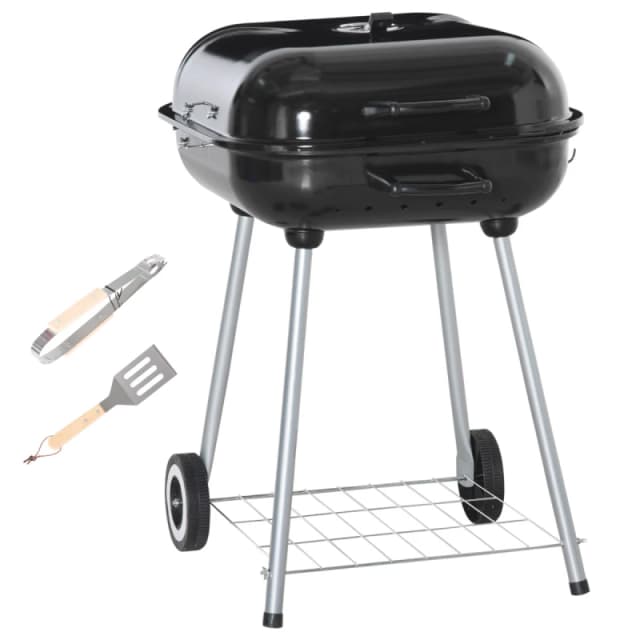 Outsunny BBQ Charcoal Smoker Grill Trolley with 2 Wheels and Grilling Utensils TJ Hughes 5063603024069