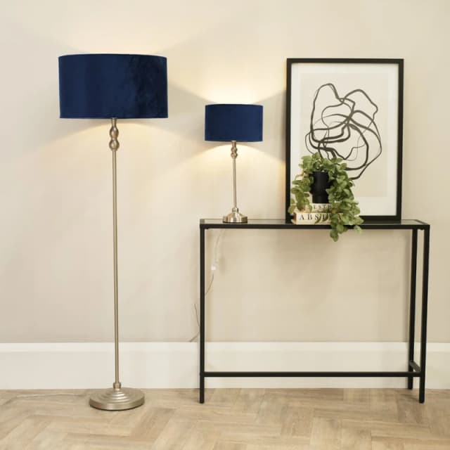 ValueLights Maggie Brushed Chrome Silver Candlestick Floor Lamp with Fabric Lamp Shade Navy