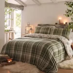Dreams & Drapes Lodge Winter Forest Check 100% Brushed Cotton Reversible Duvet Cover Set, Green, Double
