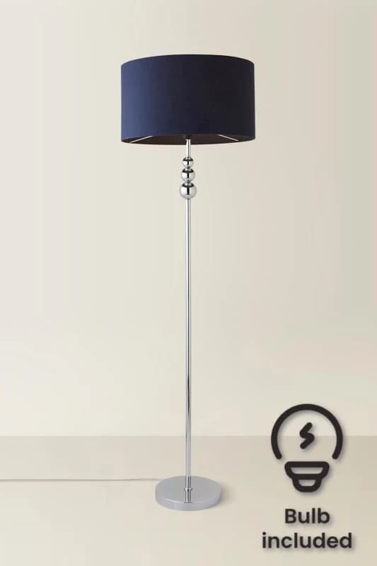 ValueLights Marissa Fabric Drum Shade with Chrome Stacked Ball Floor Lamp with LED Bulb Navy