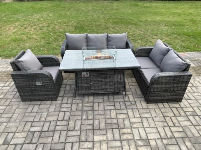 Fimous Rattan Garden Furniture Set with Fire Pit Table 6 Seater Outdoor Lounge Sofa Set Dark Grey Mixed Dark Grey