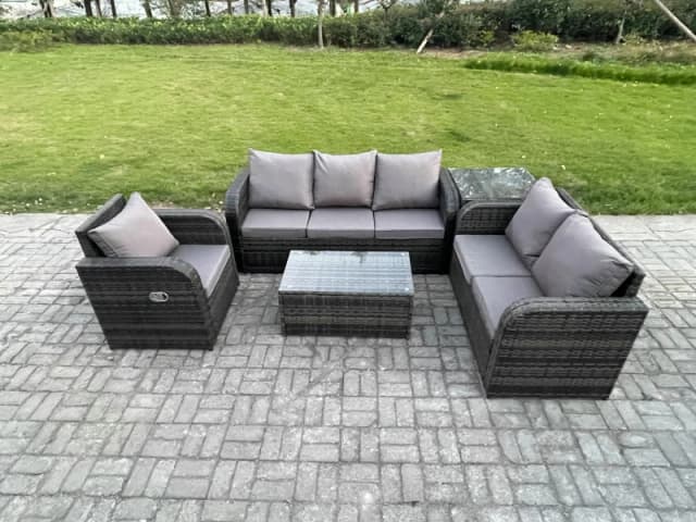 FIMOUS Fimous Patio Garden Furniture Sets Wicker 6 Seater Outdoor Rattan Furniture Sofa Sets with Rectangular Coffee Table Reclining Chair 3 Seater So