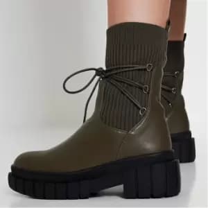 I Saw It First Sock Lace Up Detail Chunky Boots - Green