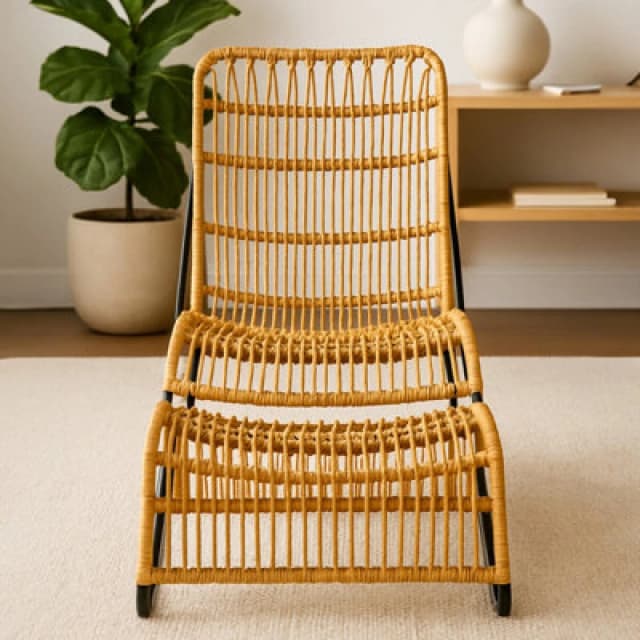 Orsina Rattan Chair And Footstool Set, Vertical Rattan Lining Chair, Hand-Woven Rattan Set With Black Iron Frame