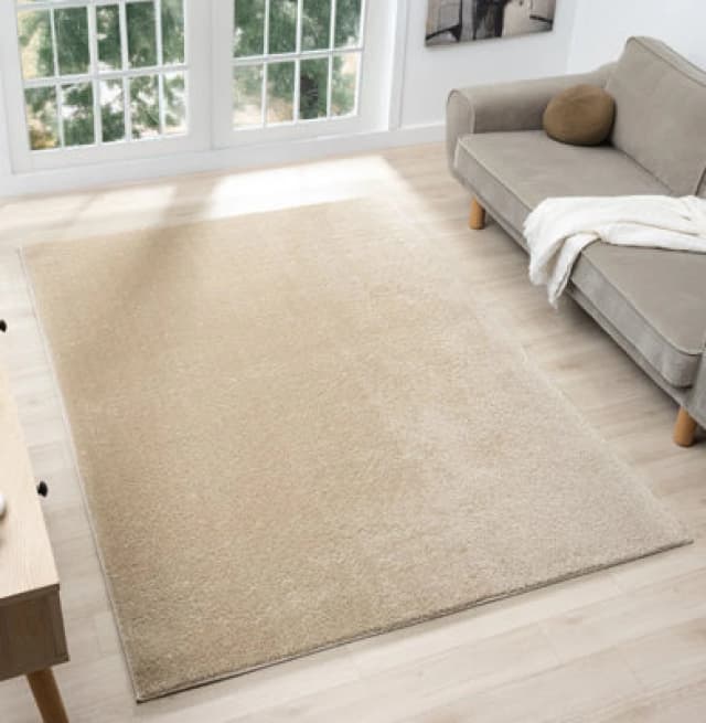 Comfy Washable Low Pile Living Room Area Rug - Anti Slip Felt Backing Light Beige 120Cm X 160Cm
