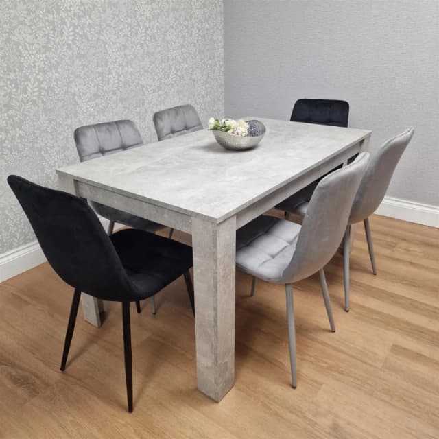 KOSY KOALA Dining Table and 6 Chairs Stone Grey Effect Wood Table 6 Black Grey Velvet Chairs Dining Room Stone grey 140 + 6 mixed rocco