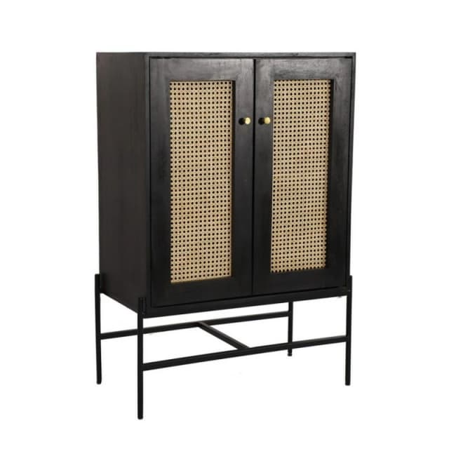 Jaipur Furniture Ltd Rattan 2 Door Highboard Cabinet - Mango Wood/Iron - L45 x W80 x H120cm - Black Finish with Natural Rattan - Assembly Required Bl