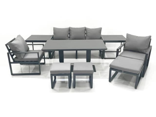 Fimous 8 Seater Aluminium Outdoor Garden Furniture Set w/ Adjustable Rising Lifting Dining Table 3 Seater Sofa 2 Chair 3 Footstool 2 Side Tables Dark