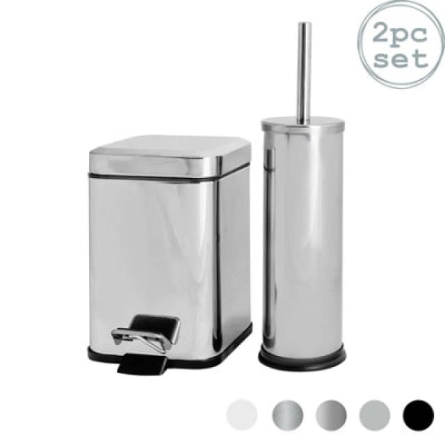 Harbour Housewares Bathroom Bin & Toilet Brush Set - 3L - Chrome - Mismatched Stainless Steel Slim Trashcan Rubbish Bin & Brush