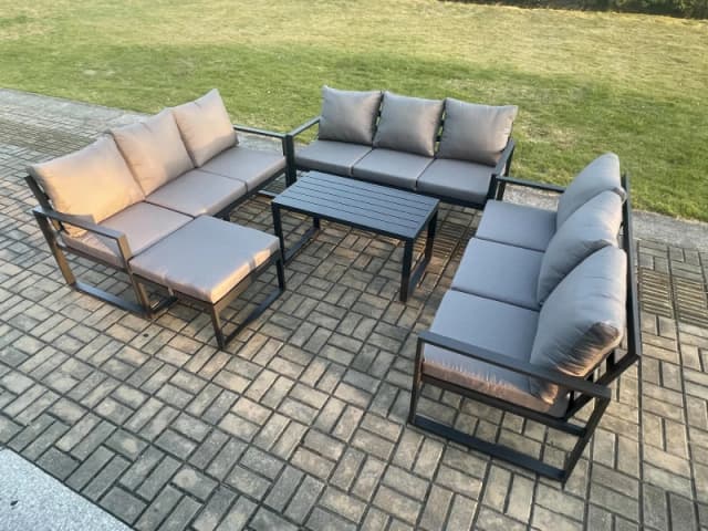 Fimous Aluminium 10 Seater Outdoor Garden Furniture Set Lounge Sofa Oblong Coffee Table Big Footstool Sets with Cushions in Dark Grey Dark Grey Unisex