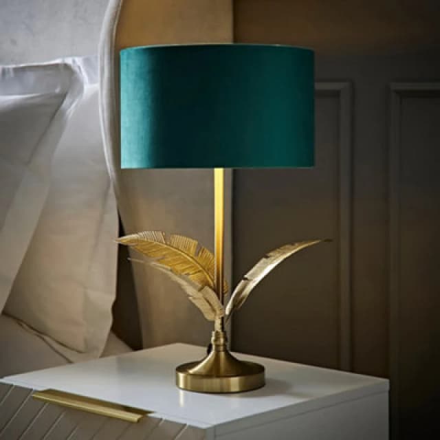 ValueLights ValueLights Christina Velvet with Gold Metallic Inner Drum Shade Gold Palm Leaf Table Lamp in Bottle Green Bottle Green One Size Unisex 50