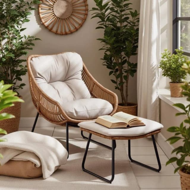 FurnitureboxUK FurnitureboxUK Tahiti Indoor / Outdoor Beige Rattan Chair & Footstool Beige One Size Unisex 5056784315866