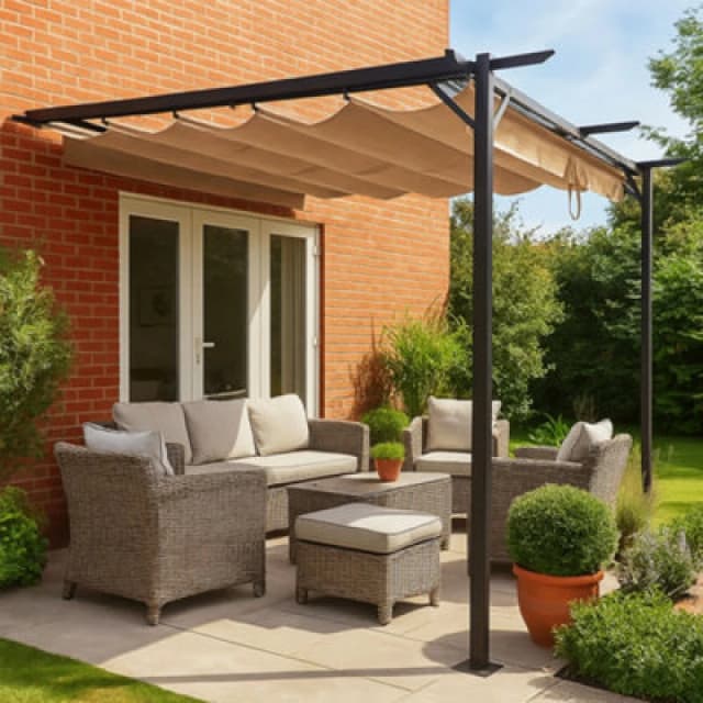 Jack Stonehouse Outdoor Wall Mounted Pergola - Retractable Water-Resistant Roof Canopy & Steel Frame. For Sun, Bbq, Parties - Beige - 3M X 3M