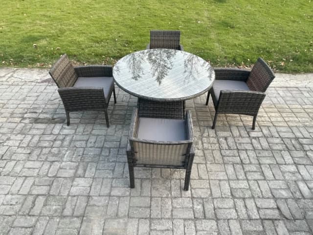 Fimous Wicker PE Outdoor Rattan Garden Furniture Arm Chair & Table Dining Sets 4 Seater Medium Round Table Dark Grey Mixed Dark Grey Unisex