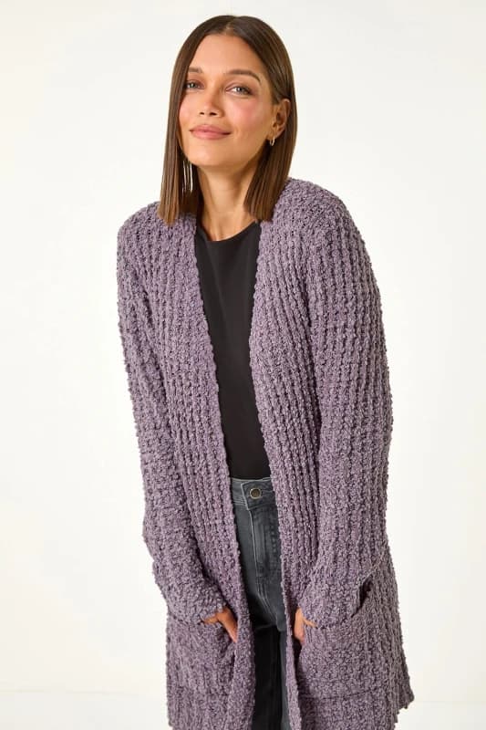 Roman Womens Popcorn Textured Longline Cardigan in Mid Grey Size: 16 Mid Grey Female 16