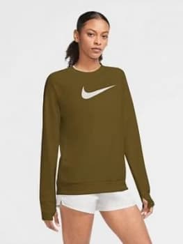 Nike Running Ls Swoosh Crew Top, Olive, Size L, Women