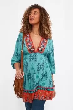 Embroidered V Neck Tiered Hem Pom Pom Detail Kaftan Tunic Dress