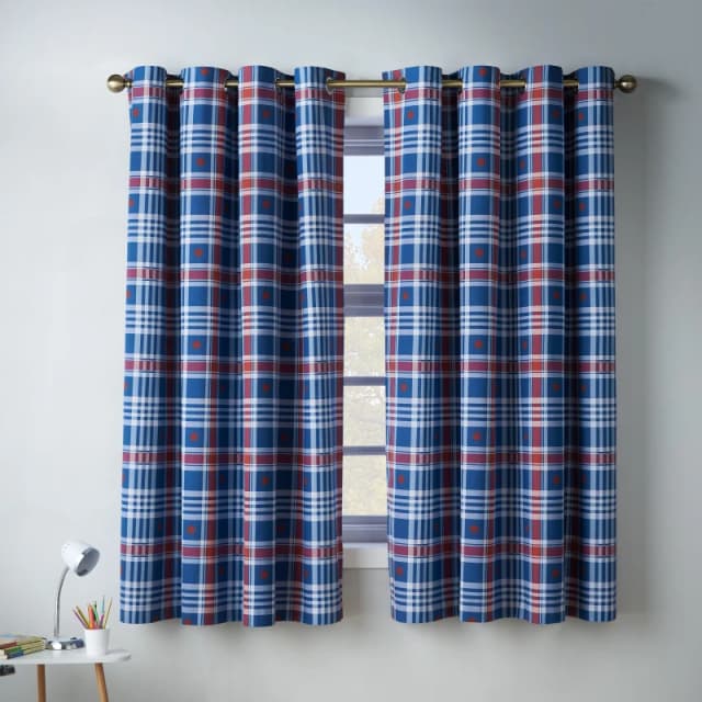 Catherine Lansfield Stars And Check Ready Made Eyelet Curtains 66 x 72 Blue