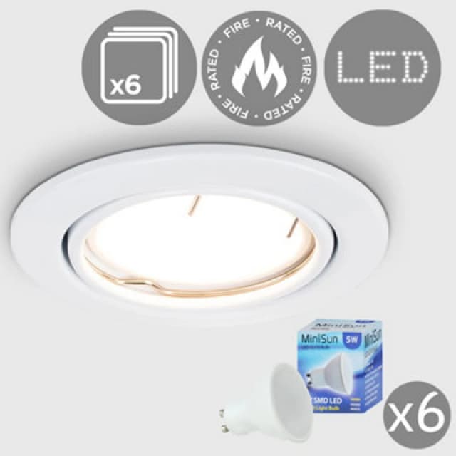 ValueLights Downlight Tiltable Ceiling Light Fitting 6 Pack With Warm White Bulbs White