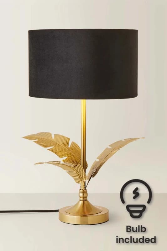 ValueLights ValueLights Christina Velvet with Gold Inner Drum Shade Gold Palm Leaf Table Lamp with Bulb in Black One Size Unisex 5059406067327