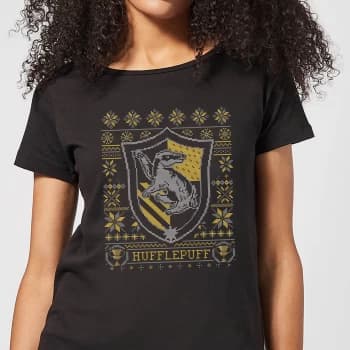 Harry Potter Hufflepuff Crest Womens Christmas T-Shirt - Black - M